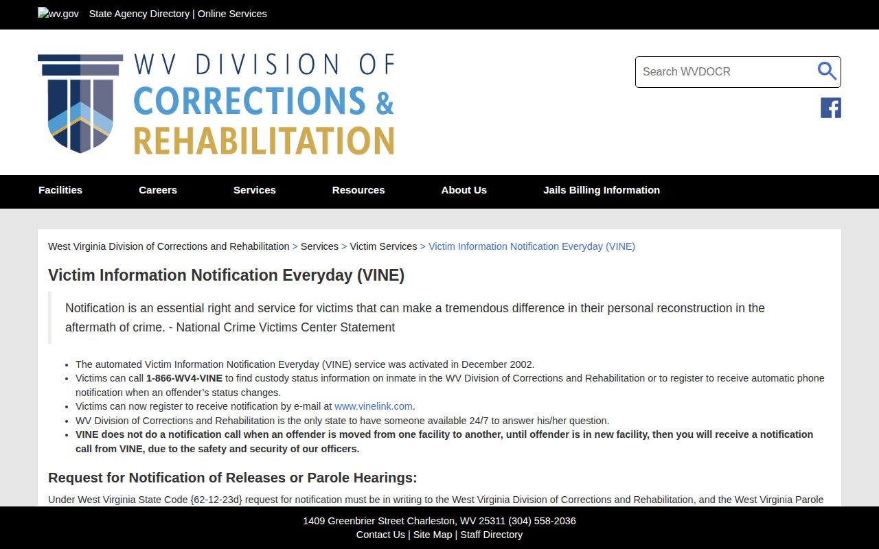 Harrison County VINELink inmate check information from WVDCR VINE